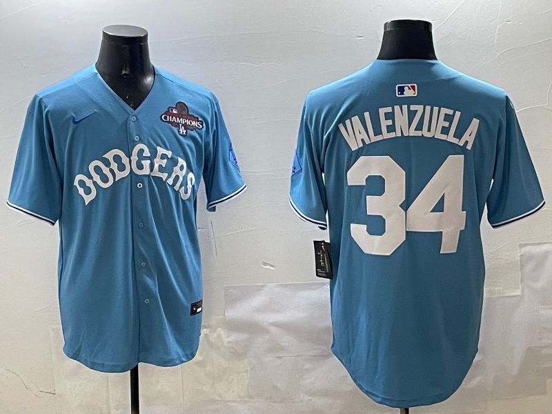 Men Los Angeles Dodgers #34 Valenzuela Light Blue Joint Name 2025 Nike MLB Jersey style 3164